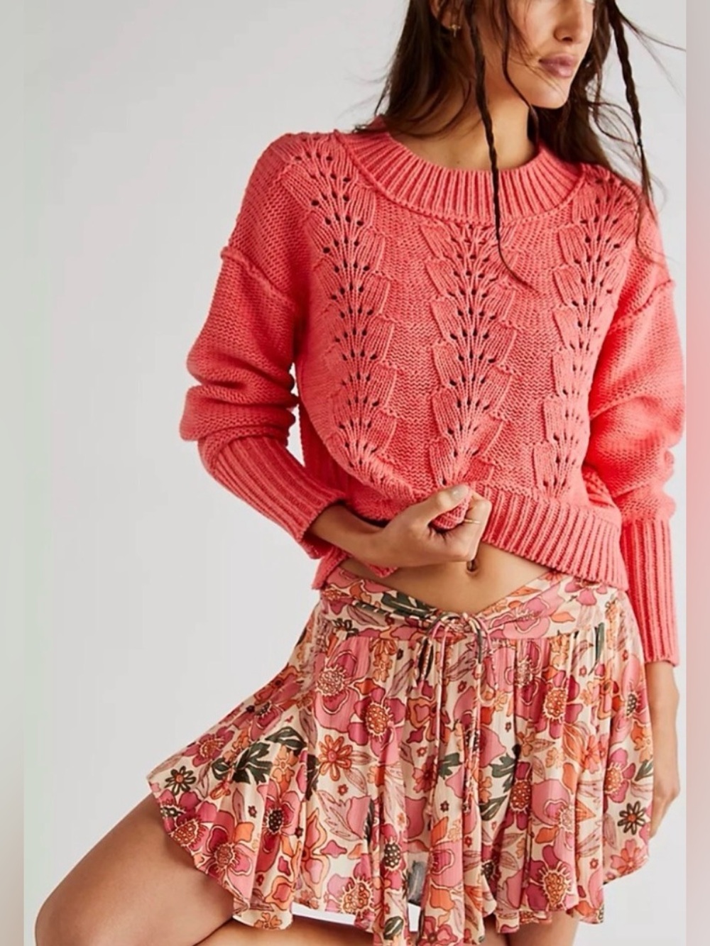 Free People - Bell Song Orange Pink Knit Long Sleeve Pullover Sweater Size Small